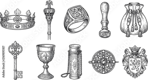 Canvas Print Vintage Royal and Medieval Regalia Vector Set with Hand Drawn Sketch Crown Scept