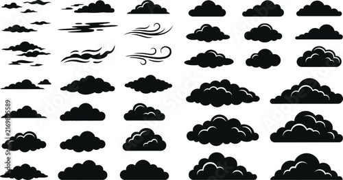 Collection of black cloud silhouettes on a white background