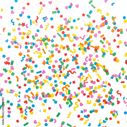 Colorful confetti shapes falling in a festive celebration pattern