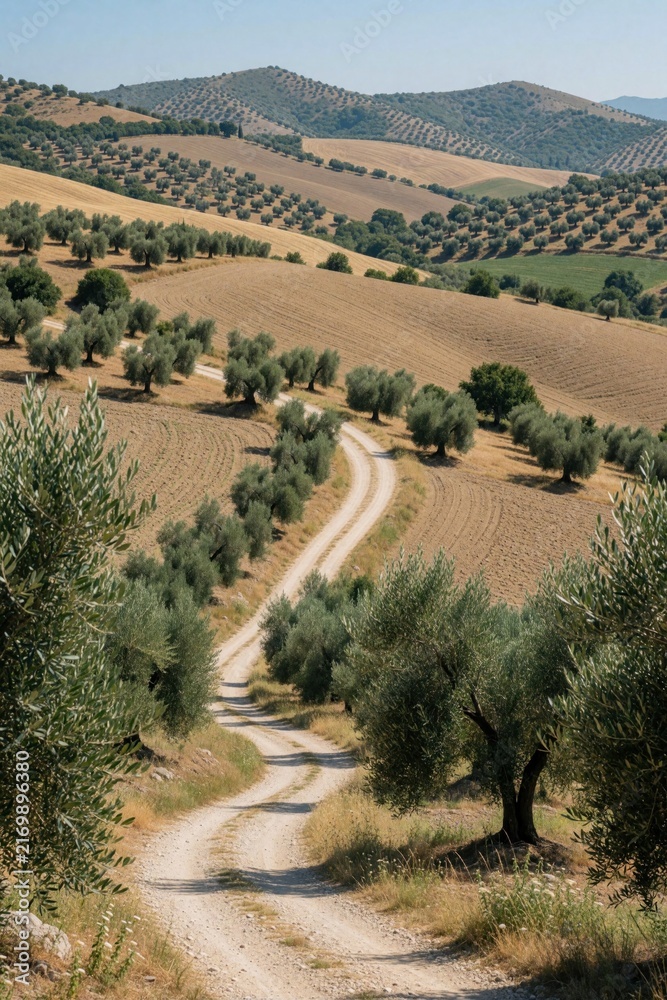 Obraz premium Winding dirt road through olive grove in Mediterranean countryside. Rolling hills with many trees cover vast agriculture landscape under blue sky. Rural farmland scenery in Spain Italy shows peaceful