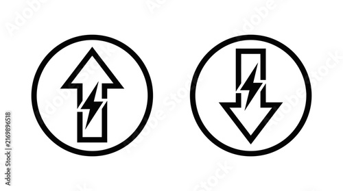 Black and white vector icons featuring arrows pointing up and down with lightning bolts representing electrical energy and power