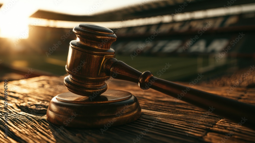 Naklejka premium A wooden judge gavel resting on a table with a stadium background illuminated by sunset light. This sports law concept illustrates legal regulations in athletics.