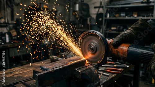 Industrial worker using electric angle grinder to cut metal in dark workshop, bright sparks flying from spinning wheel on steel bar held in vise, manual labor in professional garage.