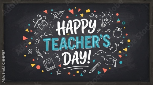 Happy Teachers Day chalkboard greeting with colorful doodles