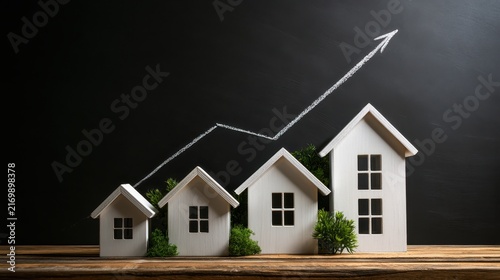 Miniature wooden houses stand in a row on a wooden table with a growing chart drawn in chalk on a black background. Real estate market growth and property investment concept for.
