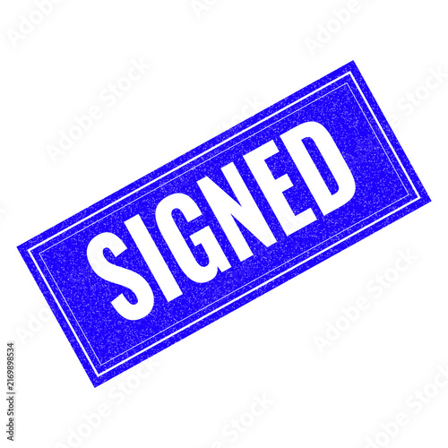 Signed document stamp with blue background isolated on transparent background