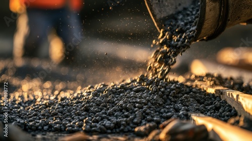 Asphalt pouring onto a road construction site during a golden sunset. Perfect for civil engineering and infrastructure projects.