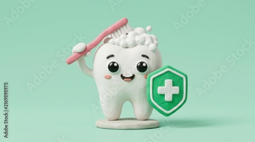 Cute tooth character brushing with dental health shield
