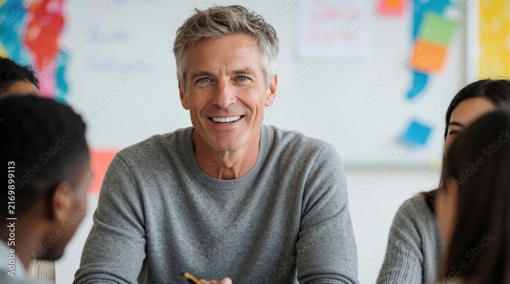 Obraz premium Mature caucasian man smiles during business meeting with diverse team. Pro leader talks to colleagues in modern office. Mentor discusses strategy, shares advice with coworkers. Group of people