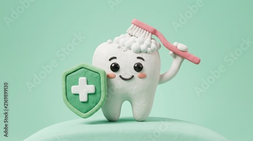 Cute tooth character with toothbrush and dental protection symbol