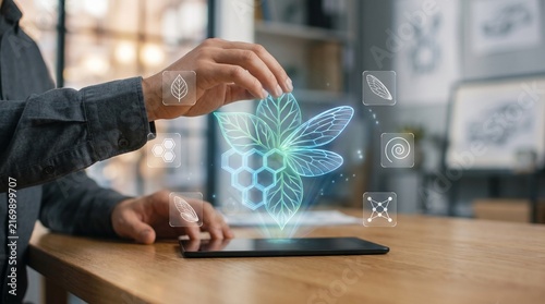 Engineer interacting with digital holographic bee and honeycomb data interface