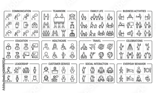 People lifestyle line icons set including business teamwork family and communication