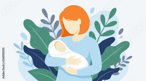 Quadro su tela Minimalist illustration of a mother gently holding her newborn baby