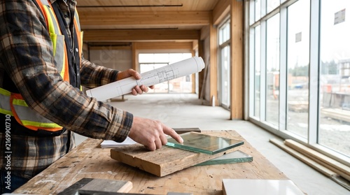 Professional contractor in a safety vest holding architectural blueprints while inspecting glass samples at a modern building construction site