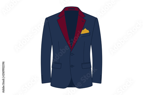 Navy blue blazer with maroon lapels and yellow pocket vector silhouette on white background