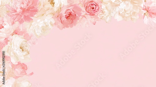Soft feminine floral border in pink hues, airy space for romantic invitations and festive occasions