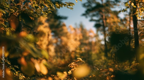 Soft Focus Fall Landscape with Warm Yellow-Green Leaves and a Deep Blue Sky