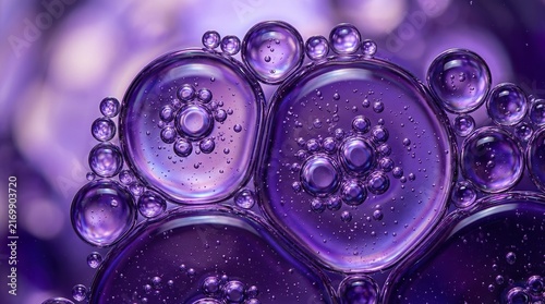 Macro abstract photography of vibrant purple oil droplets floating on water creating a beautiful artistic pattern of circular liquid shapes