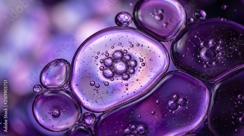 Abstract macro photography of purple oil bubbles floating in water creating a beautiful artistic background with vibrant glowing light effects