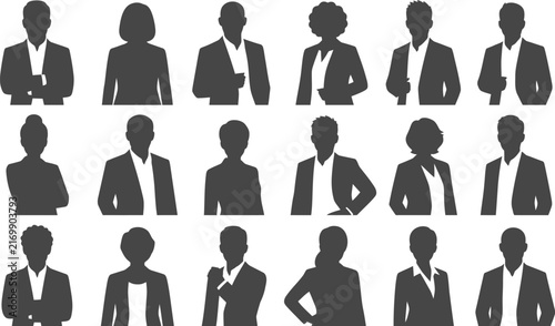 Professional avatar silhouettes, 15 diverse business person profile icons. Minimalist black human head and shoulder vectors for corporate web design.