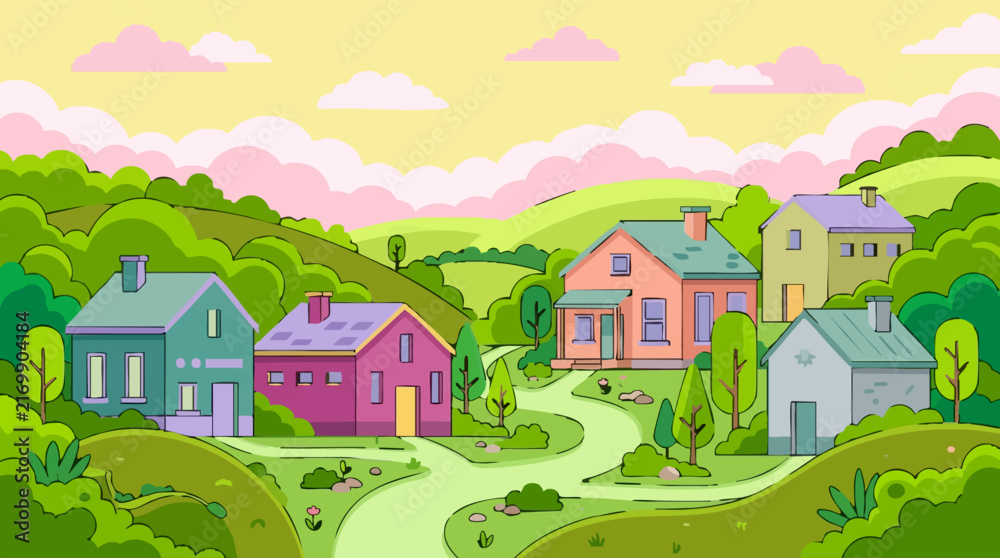 Naklejka premium Cartoon illustration of a vibrant, colorful village nestled among green hills.