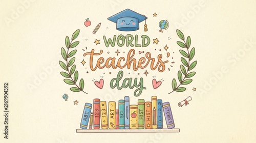 World Teachers Day greeting with books and classroom elements