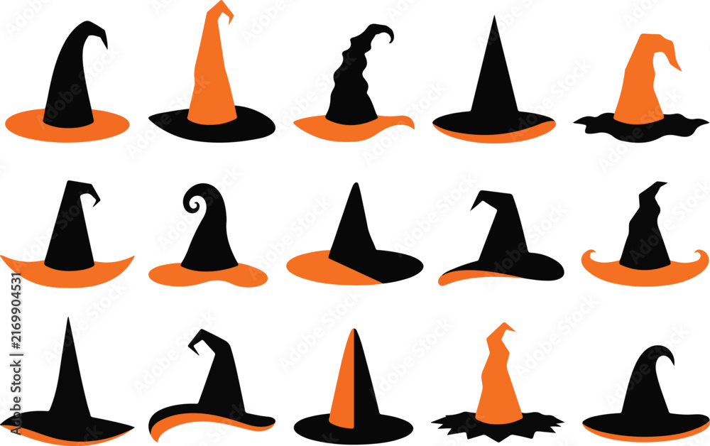 Fototapeta premium Witch Hat Silhouette Collection, Halloween Magic Hat Icons and Spooky Costume Illustrations