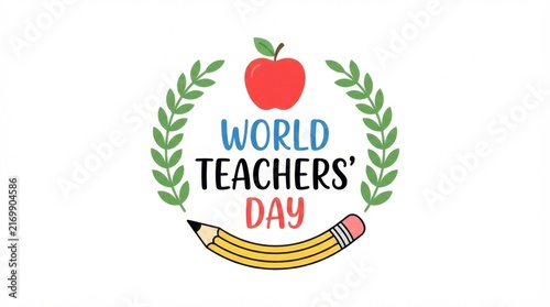 World Teachers Day emblem with apple and laurel wreath