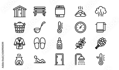 Obraz na plátne Minimal sauna and steam room editable stroke line icon set featuring wellness re