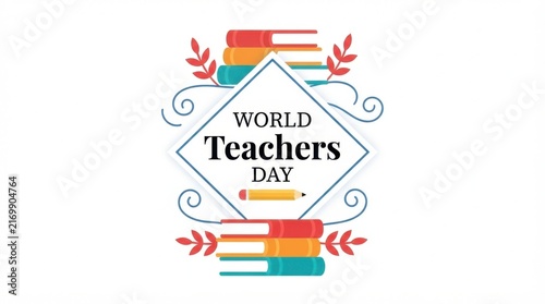 World Teachers Day colorful badge with books and school supplies
