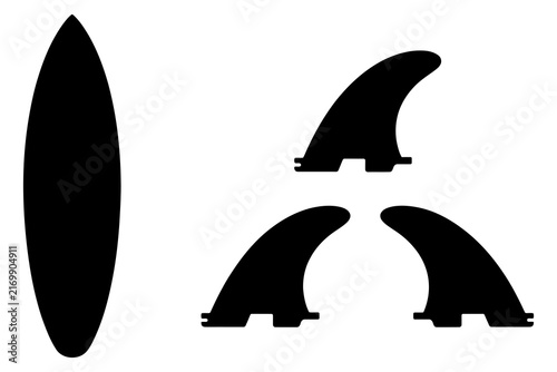 Surfboard and fins vector silhouette on white background for water sports