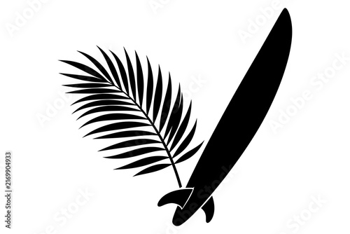 Surfboard and palm frond silhouette against a white background for summer vacation concepts