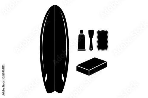 Surfboard repair kit with wax and tools for ocean sports maintenance in silhouette style