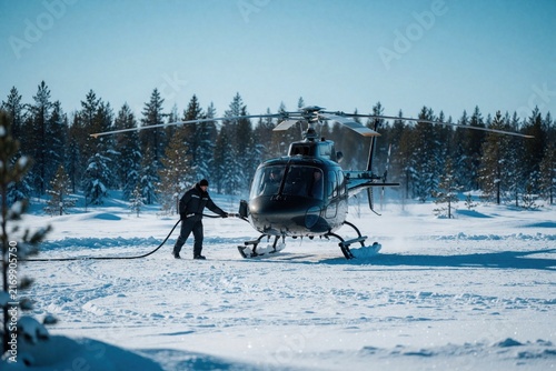 Male pilot technician works near helicopter on snowy heliport in winter. Man connects fuel hose to aircraft parked in forest landscape. Professional person prepares private chopper for flight in cold