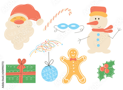 Christmas Decoration Set. Funny Hand Drawn Santa Character. Winter Holiday Party Family Card Symbol. Cute Retro Cartoon Vintage Original Elements Collection