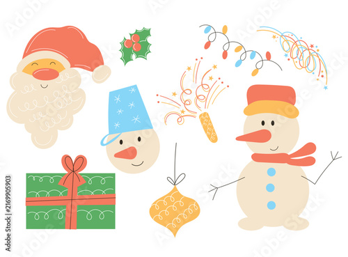 Christmas Decoration Set. Funny Hand Drawn Santa Character. Winter Holiday Party Family Card Symbol. Cute Retro Cartoon Vintage Original Elements Collection