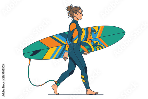 Woman in wetsuit carrying surfboard during summer beach activity vector silhouette