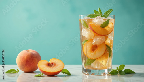 Refreshing peach beverage garnished with mint leaves, served in tall glass filled with ice. whole peach and sliced peach half are placed beside glass, creating vibrant and inviting scene