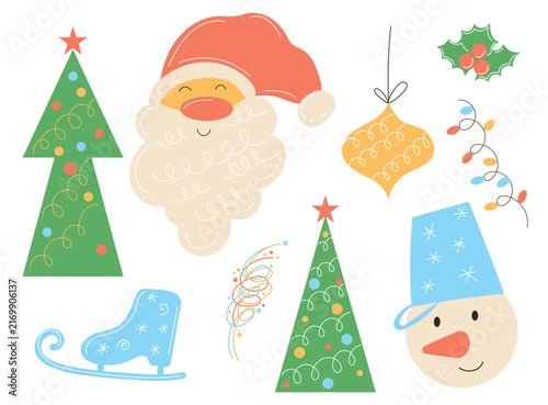 Christmas Decoration Set. Funny Hand Drawn Santa Character. Winter Holiday Party Family Card Symbol. Cute Retro Cartoon Vintage Original Elements Collection