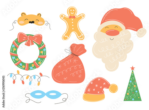 Christmas Decoration Set. Funny Hand Drawn Santa Character. Winter Holiday Party Family Card Symbol. Cute Retro Cartoon Vintage Original Elements Collection