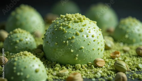 Delicate green desserts showcase smooth, glossy surface adorned with crushed pistachios, creating inviting and elegant presentation. vibrant colors and textures evoke sense of indulgence