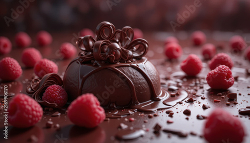 Indulge in rich chocolate dessert adorned with delicate chocolate curls and fresh raspberries, creating delightful and tempting treat for chocolate lovers