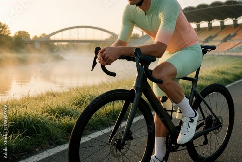 Cyclist pauses on road near river at sunrise. Man wears cycling kit, helmet, rests on bike handlebars. Early morning mist rises from water, stadium visible background.