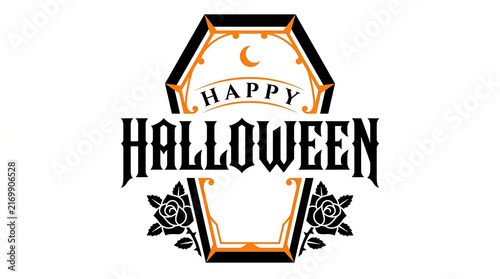 Happy halloween text within a coffin shape, adorned with roses and a crescent moon typography