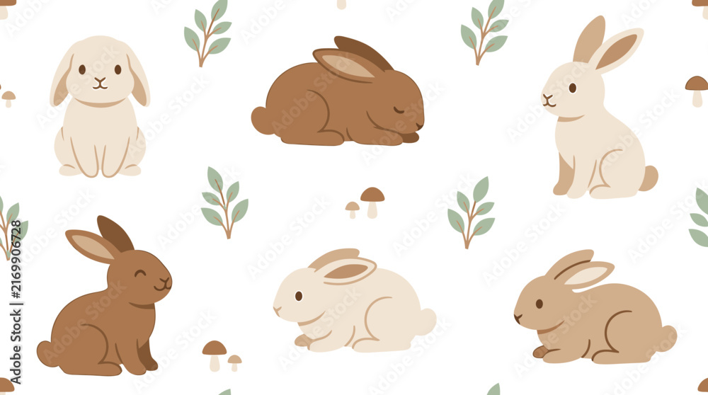 Naklejka premium Cute cartoon rabbit seamless pattern vector with brown and beige bunnies, leaves, and mushrooms for nursery wallpaper and textile design