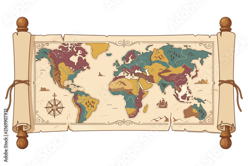 Ancient World Map Scroll with Compass Rose and Sailing Ship during Exploration