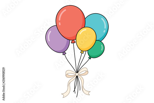 Colorful balloons tied with ribbon against white for celebration and fun events