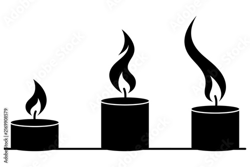 Three black candle silhouettes with flames burning against a white background in vector style