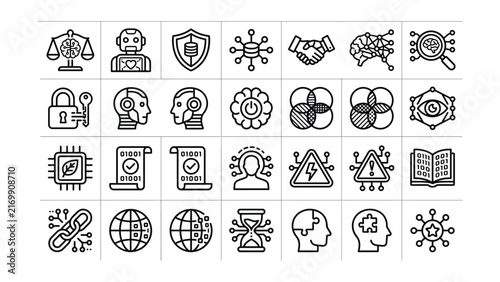 Collection of black line icons for business technology and security concepts