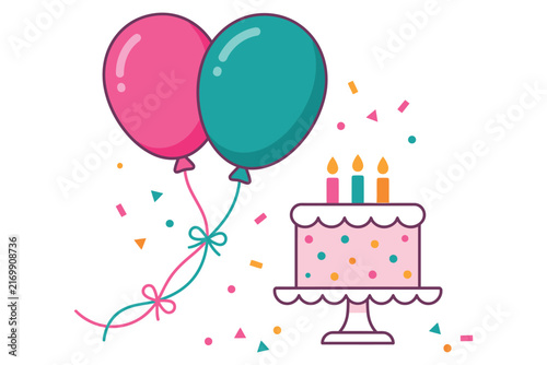 Two balloons and birtay cake with confetti during celebration vector silhouette for party invitation